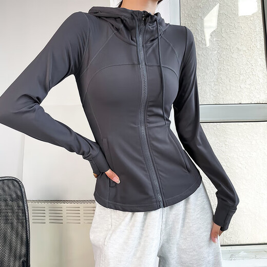 LULULOMDDW Pilates casual sports long-sleeved jacket for women slimming stand-up collar tight fitness training running yoga clothing top women black S