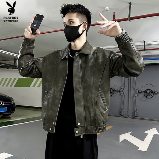 Playboy (PLAYBOY) Trendy Motorcycle Suit Leather Jacket Men's Jacket 2025 Autumn and Winter Short Lapel Casual Handsome Men's Leather Jacket Black Cotton D313-J92 Thickened L
