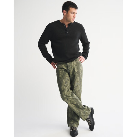 Abercrombie & Fitch Men's 25 Autumn and Winter New American Style Versatile Cotton Waffle Henley Collar Knitted Long-Sleeve T-Shirt 124-5645 Black XL (180/116A)