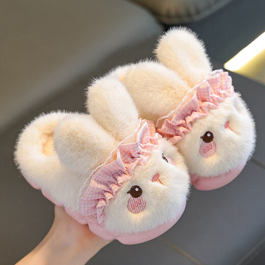 Autumn and winter children's cotton slippers for girls, warm plus velvet rabbit, cute furry parent-child home baby bag with cotton shoes, pink slippers, size 32 33 (shoe length 19CM, suitable for feet 18CM)