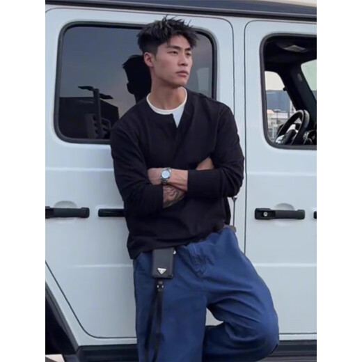 Funny Henry shirt fake two-piece gray fake two-piece Henry collar long-sleeved T-shirt for men in autumn American style polo shirt gray upgraded style M