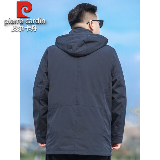 Pierre Cardin plus size plus size men's mid-length windbreaker spring and autumn removable hood fat man large loose windproof jacket bluestone blue 8XL (recommended 260-280Jin Jin equals 0.5 kg)