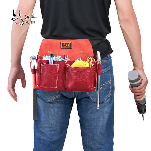 Xianang pure cowhide tool bag woodworking nail pocket first layer cowhide nail pocket large capacity nail bag multi-functional wear-resistant and durable free double pockets with red