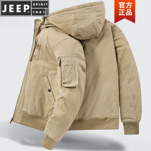 JEEP SPIRIT pure cotton coat men's autumn and winter loose large size workwear thickened American retro hooded jacket cotton jacket for men Khaki M Recommended 100Jin Jin is equal to 0.5kg -115Jin Jin is equal to 0.5kg