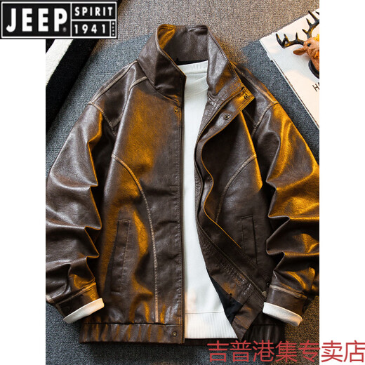 JEEP SPIRIT light luxury American retro aged oil wax motorcycle leather jacket men's autumn Ami khaki tough guy leather hunting jacket black 2XL (171-190Jin Jin equals 0.5 kg)