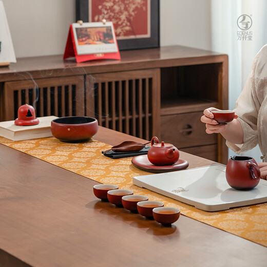 Wanqiantang (Edenus) high-end tea set set home living room tea set full set gift gift box grand exhibition complete set lacquer red glaze