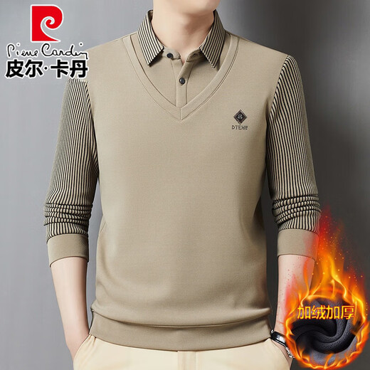 Pierre Cardin brand autumn and winter men's fake two-piece velvet collar striped casual pullover bottoming shirt men's top khaki 4XL 130-