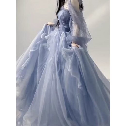 Rich-collared high-end French evening dress female performance costume vocal music and art examination long skirt princess style skirt student birthday host student blue M