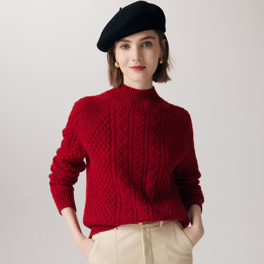PALUOPO25 winter new solid color half turtleneck cable women's pure cashmere sweater pullover warm sweater ET20067R bright red clip flower M (100)