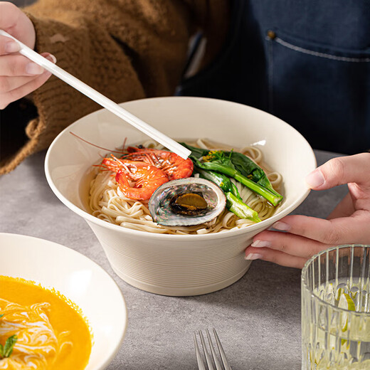 Cream threaded ceramic household noodle bowl, bamboo hat bowl, high-end ramen bowl, spicy snail noodle bowl, large soup bowl, 1 8-inch trumpet noodle bowl