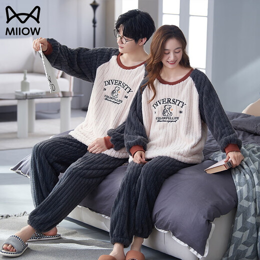 MiiOW coral velvet couple pajamas for women winter thickened velvet warm flannel large size can be worn outside home clothes suit men HMF7786 M women