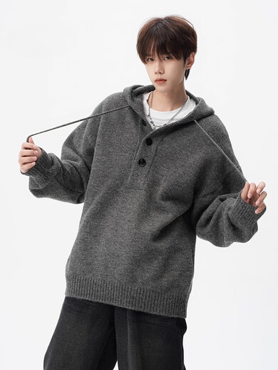 OEMG American heavyweight hooded sweater for men in autumn and winter trendy high-end knitted sweater button top lazy jacket gray XL recommended 110-130Jin Jin equals 0.5 kg
