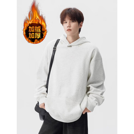 OEMG American heavyweight casual hooded velvet thickened sweatshirt men's autumn and winter coat, loose and versatile, velvet black XL recommended 110-130Jin Jin equals 0.5 kg