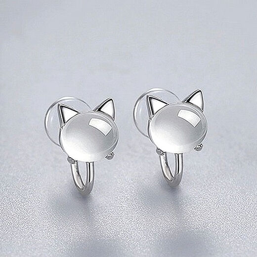 NSYCA Old Phoenix 999 Sterling Silver Lucky Cat No Piercing Ear Clip Silicone Painless Cute Kitten Glazed Ear Jewelry Cat Ear Clip Platinum Pair Lao Fengxiang Same Style