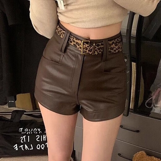 Miao Yijia Shorts Women's Outerwear Hot Pants Leather Pants 2025 New Autumn and Winter A-line High Waist Slim Fit Pants Little People Versatile Brown Hot Girl Casual PU Leather Shorts + Leopard Print Belt M (Recommended weight is about 100-110 Jin Jin is equal to 0.5 kg)