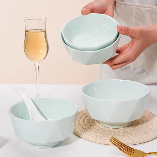 Household tableware minimalist underglaze color celadon solid color bowl 4.5 inch diamond bowl 4 pack