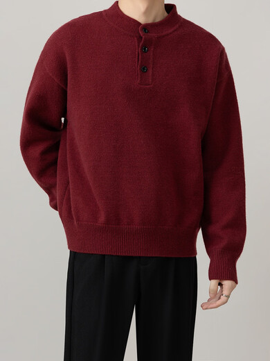 Men's 2025 New Men's Henley Collar Half-cardigan Simple Sweater Men's Casual Commuting Sweater Burgundy 2XL One Size