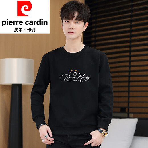 Pierre Cardin trendy brand autumn new sweatshirt men's 2025 trendy long-sleeved loose thickened bottoming shirt men's fleece clothes dark gray M (suitable for 95-115Jin Jin equals 0.5 kg)