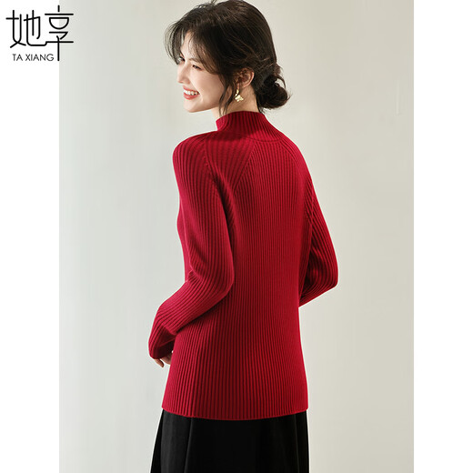She enjoys knitted sweaters women's half turtleneck sweater New Year's wear tops autumn and winter red knitted bottoming shirt T144Z9016