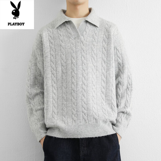 Playboy (PLAYBOY) twist long-sleeved sweater men's autumn and winter lazy style Henry collar American retro knitted versatile POLO shirt men's black M