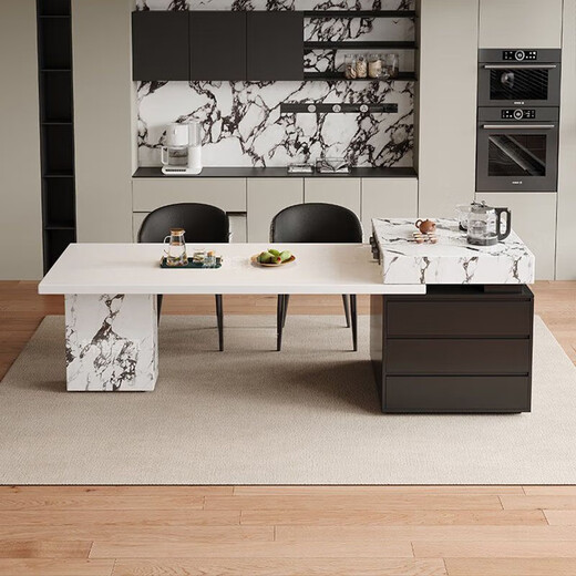 Pupan's new high-end Italian-style island dining table with wood grain integrated household retractable slate modern multi-functional kitchen guide table. Total length 1.95-2.4 meters 80*80 dominant rail socket basic slate flat island table