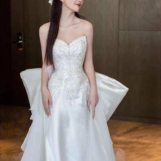 ANJY French Satin Light Wedding Dress 2025 New Heavy Industry Engagement Dress Tube Top Going Out Fishtail Bridal Toast Wear 125 White L