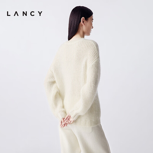 LANCY mohair silk 25 winter new relaxed cable knit sweater women's round neck off-shoulder sweater off-white 2XL