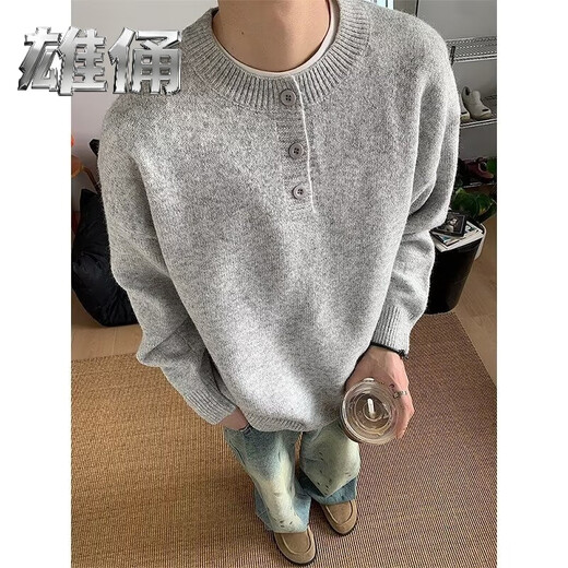 Male figure gray henley collar sweater men's autumn and winter trendy brand lazy style knitted sweater cleanfit bottoming shirt GT6 light gray regular XL