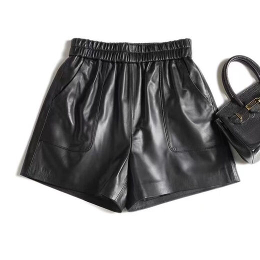 Haining Genuine Leather Shorts Women's 2025 Autumn New Casual Versatile Wide Leg Pants Sheepskin High Waist Slim Boot Pants Black 2XL