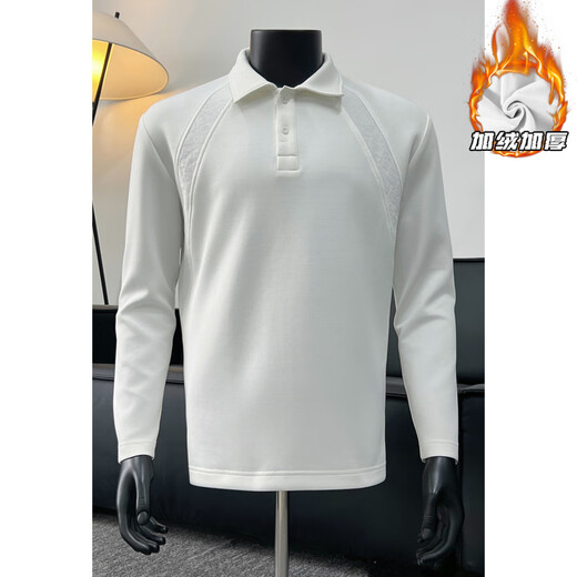 Pierre Cardin threaded splicing plus velvet Henry collar long-sleeved sweatshirt for men winter warm heavyweight polo shirt American style inner layering shirt white gray M