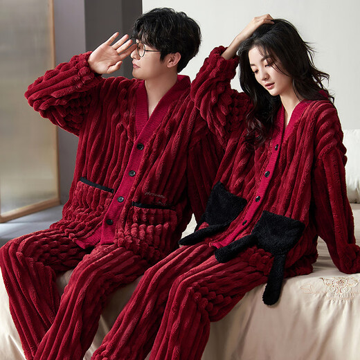 Yalu Couple Pajamas Women's Coral Velvet Autumn and Winter Plus Velvet Thickened Suit Wedding Newlywed Men's Winter Red Home Clothes TM52209 Female M Yes x