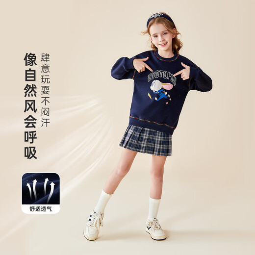 Disney girls sweatshirt autumn and winter velvet thickened Zootopia style top girls pullover navy blue 140
