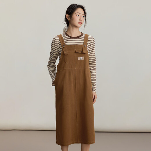 INMAN two-piece set 2025 autumn college retro Maillard striped long-sleeved T-shirt slit suspender skirt light brown S