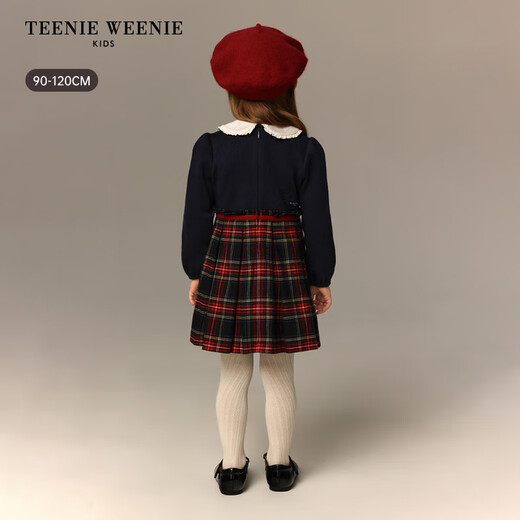 Teenie Weenie Kids 26 years new baby girl patchwork plaid long-sleeved dress navy blue 90cm