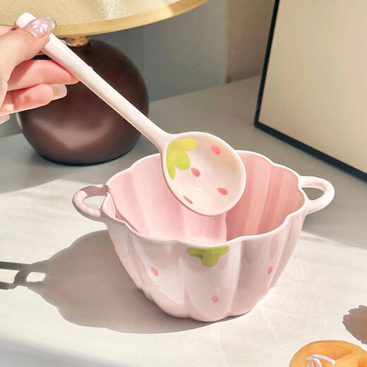 Girly Heart Strawberry Double-Eared Bowl Spoon Soup Bowl Salad Bowl Rice Bowl Household Bowl High-Looking Young People Underglaze Colored Tableware Strawberry Double-Eared Bowl (1 Bowl 1 Spoon)