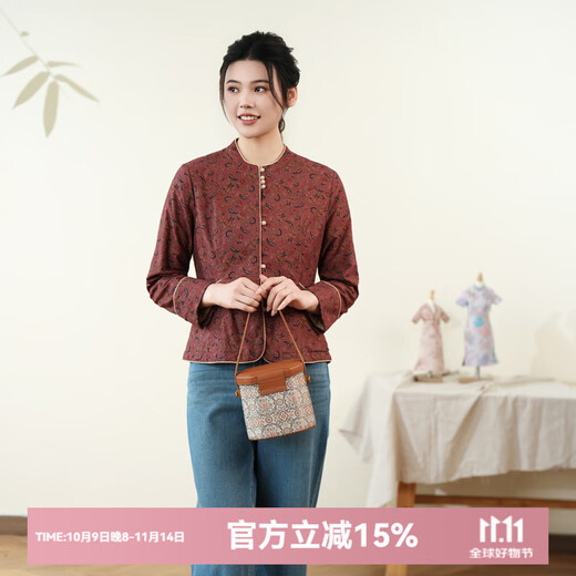 Cloth cashew flower print button-down cotton shirt 2025 winter new women's inner long-sleeved top red M