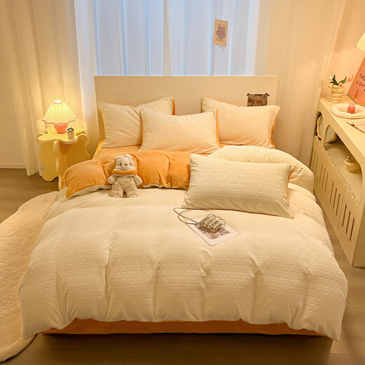 La Chapelle milk velvet four-piece set winter 2025 new flannel baby bed sheet quilt cover bedding woven pattern-white orange bed sheet style 1.5m four-piece set