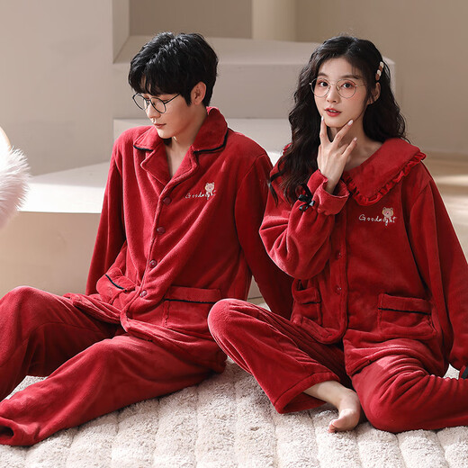 Fenton Pajamas Wedding Newlyweds Couple Set Red Winter Coral Velvet Men's and Women's Exquisite Autumn and Winter Flannel Couple Pajamas MX6620 Female 2XL