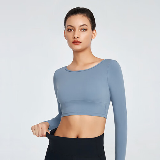 Women's hollow-back yoga top with chest pad for slimming, professional sports tight training fitness wear, Pilates long sleeves, light blue (YJY20-22-2) XL