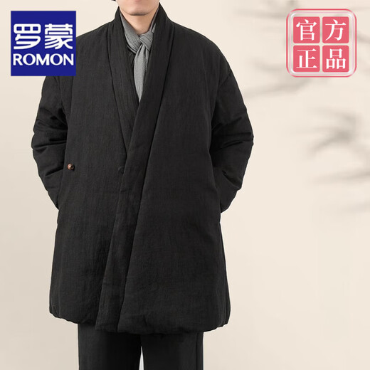 ROMON winter new Chinese style men's cotton and linen coats, cotton jackets, Chinese style cotton coats, slanted lapels, Taoist robes, mid-length Hanfu, light gray L