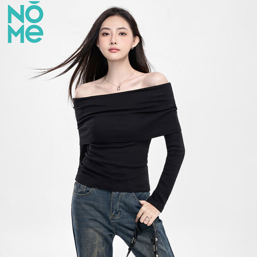 NOME long-sleeved women's spring and autumn new high-end black off-shoulder one-shoulder pure desire bottoming top black M