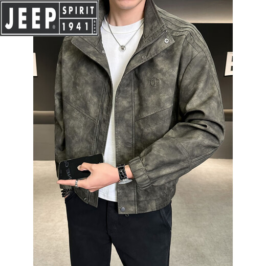 JEEP SPIRIT leather jacket men's autumn and winter autumn 2025 new fashion brand stand collar casual fashion handsome motorcycle leather jacket ruffian handsome men's clip coffee color M
