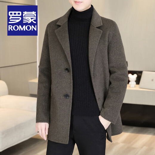 ROMON high-end sheep wool double-sided woolen coat for men autumn and winter new business casual suit collar woolen windbreaker jacket gray woolen coat (70% sheep wool) L size (175/92A)