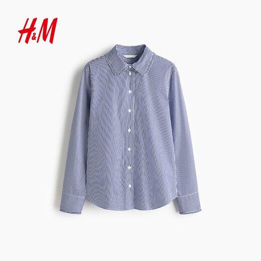 H&M women's shirt 2026 spring new cotton fashionable temperament simple poplin high intelligence shirt 1316432 blue/stripe S 160/88