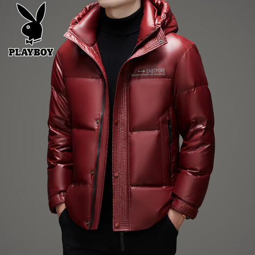 Playboy (PLAYBOY) Chaqueta de plumón para hombre, chaqueta cálida, corta, informal, de moda, con capucha brillante, resistente al viento e impermeable, color negro, M 170