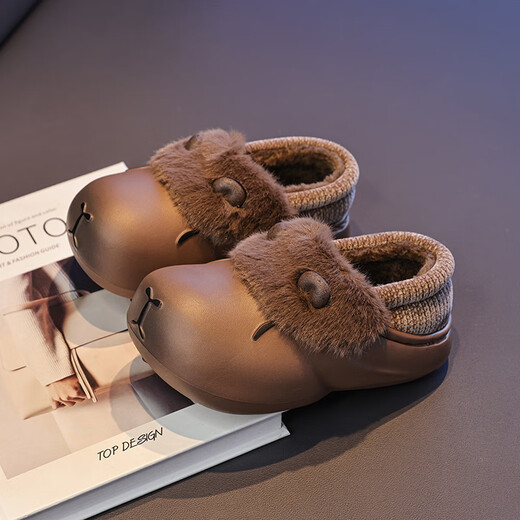 Woodpecker Kapibara Children's Cotton Slippers Boys' Winter Cartoon Cute Non-Slip Indoor Soft Soled Baby Slippers Coffee Color 24