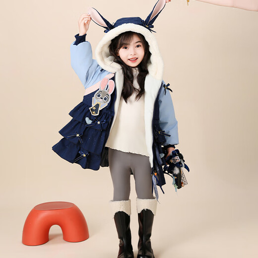 Hanzaki Judy Rabbit thickened cotton coat 2025 new winter style girl's stylish Judy Rabbit police officer cotton coat winter coat Navy blue cotton coat + big hat + rabbit pendant + fur ball quilted and velvet thickened version 130 cm The size is too large