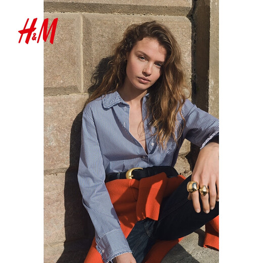 H&M women's shirt 2026 spring new cotton fashionable temperament simple poplin high intelligence shirt 1316432 blue/stripe S 160/88