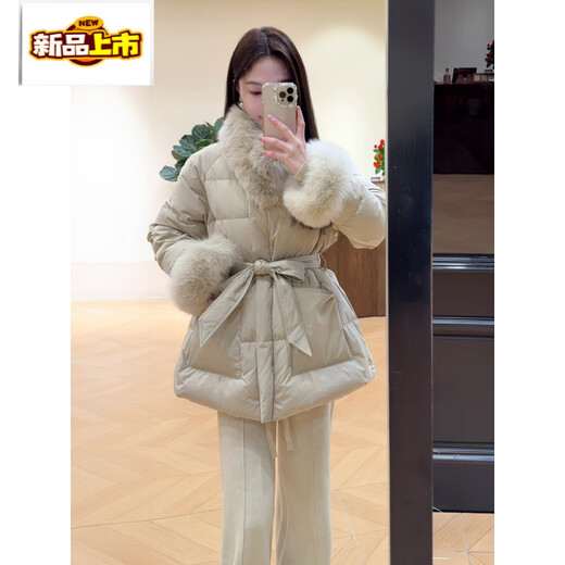 Early diameter fashionable cuffs imitation fox big fur collar down jacket for women winter mid-length waist slimming warm jacket apricot coat S recommended 80-100Jin Jin is equal to 0.5 kg