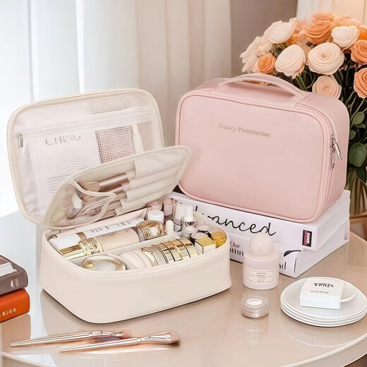 Complete new product cosmetic bag for women, large capacity, portable 2025 new cosmetics storage bag, high-value outside the partition, rose pink - three partitions, removable